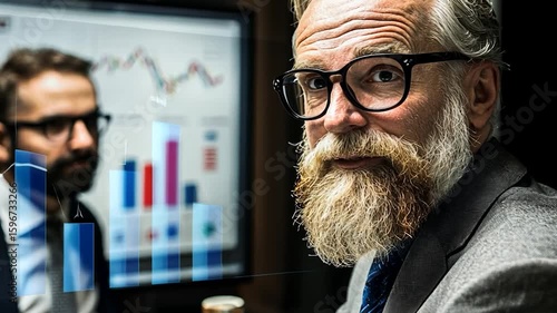 Elderly Male Business Professional Wearing Glasses Analyzing Financial Data in Office with Colleague Present