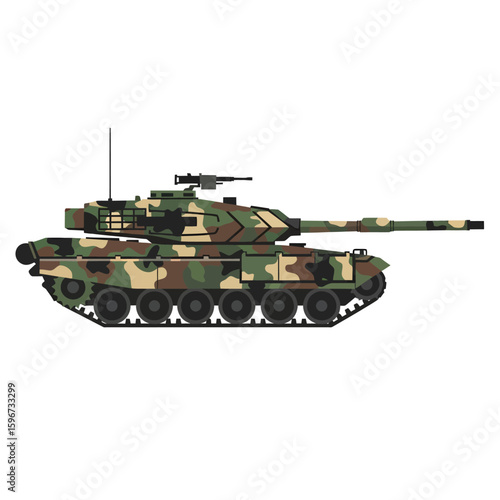 Camouflaged military tank, side profile illustration.
