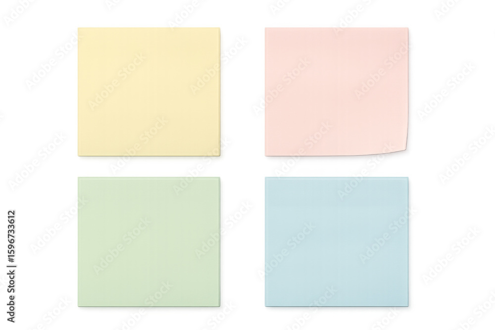 Four colorful sticky notes isolated on a transparent background, perfect for adding reminders or messages to your projects Four colorful sticky notes isolated on a transparent background, perfect for adding reminders or messages to your projects