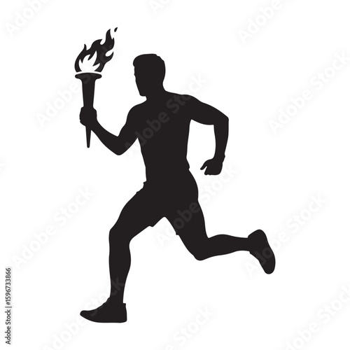 Silhouette of a man running with a flaming torch flame 1