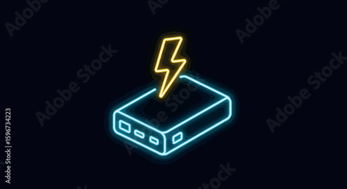 Neon glowing power bank with lightning bolt symbol on dark background