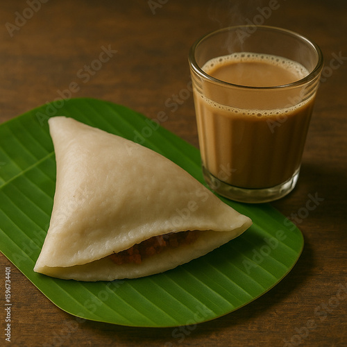 Traditional Kerala Sweet Ela Ada with Steaming Hot Tea on Banana Leaf – Authentic South Indian Breakfast or Snack