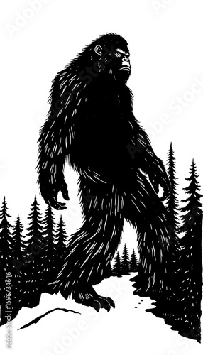 a massive silhouette of bigfoot roaming through a shadowy forest. Sasquatch  illustration and vector silhouette.