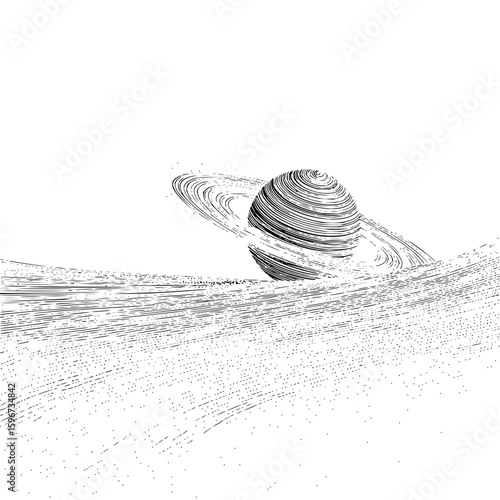 Stylized drawing of a planet with rings above a textured surface in black and white illustration style