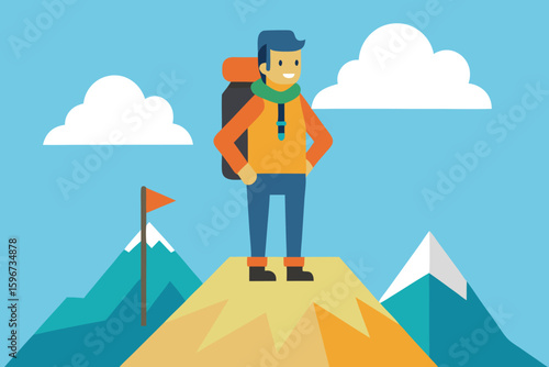 Mountain Climber Cartoon Illustration: Achieving Success, Hiking Adventure, Outdoor Exploration, Peak Achievement, Vector Graphic