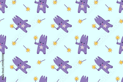 Seamless pattern of  cute cartoon creature with  magic wand in its paws. Magical fairy-tale creature. For backgrounds, wallpapers, textiles, packaging or websites.