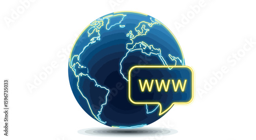Glowing neon earth with www speech bubble highlighting digital connectivity