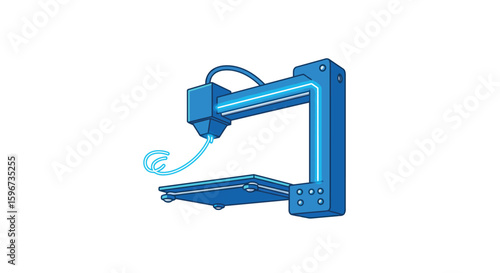 Blue isometric 3d printer extruding in minimalist style on white background