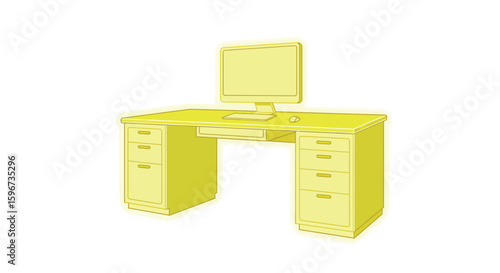 Minimalist yellow desk with computer and drawers in outline style