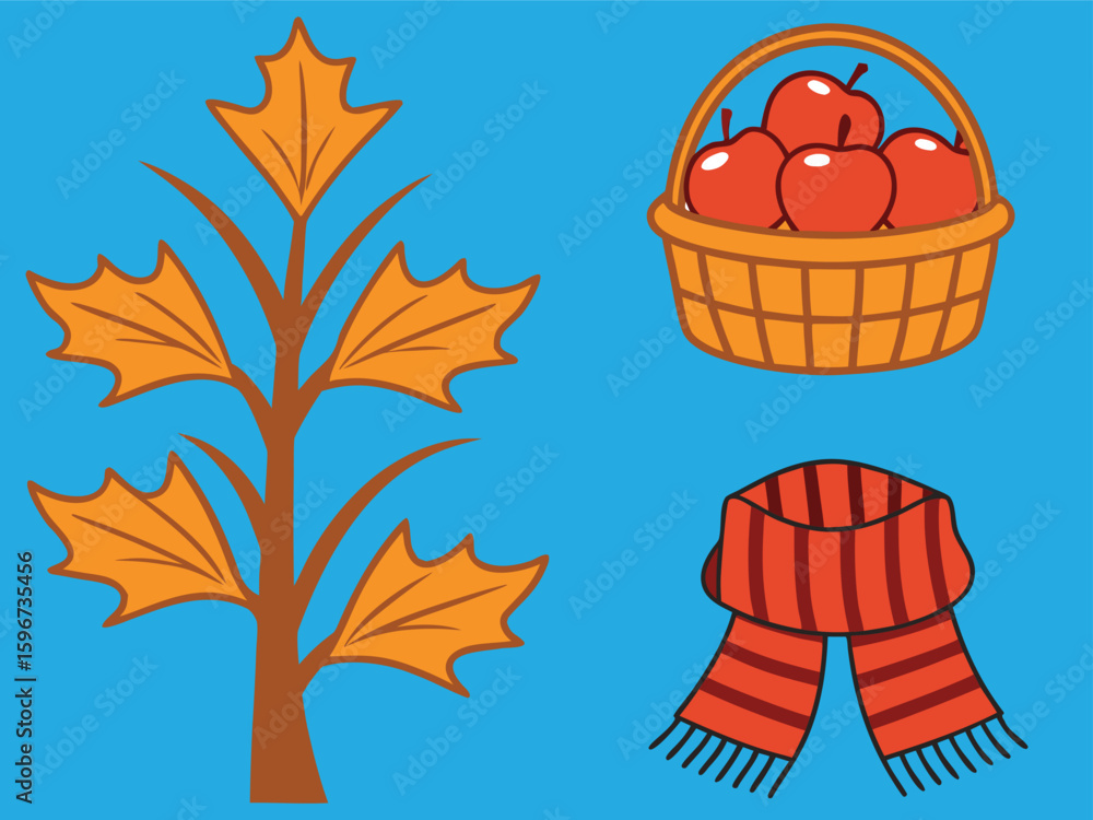 Fototapeta premium Cartoon Illustration of Autumn Elements Oak Leaf Branch, Apple Basket, and Striped Scarf