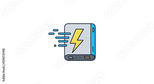 Portable power bank with lightning bolt charging symbol in motion