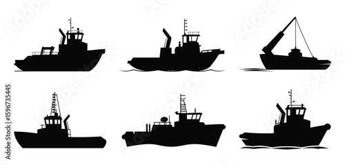 Collection of six silhouette tugboat and workboat illustrations on white background