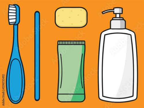 Cartoon Illustration of Bathroom Essentials Toothbrush, Toothpaste, Soap, Sponge for Personal Hygiene