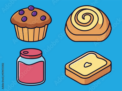 Cute Breakfast Food Icons Blueberry Muffin, Cinnamon Roll, Jam, and Toast