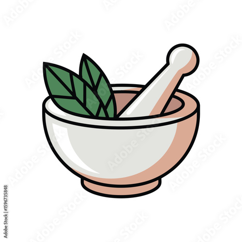 Herbal remedy preparation with mortar and pestle and green leaves
