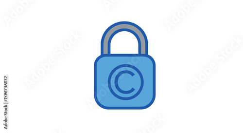 Blue padlock with copyright symbol in flat style for digital security concepts