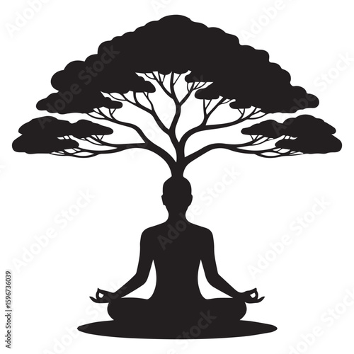 Vector art of silhouette of a person meditating in a lotus pose, with a tree growing from their head, symbolizing inner peace and growth Vector Art