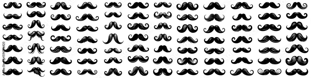 Fototapeta premium Mustache silhouettes in a variety of shapes and styles. Retro graphic elements for barber shop logos, male fashion designs