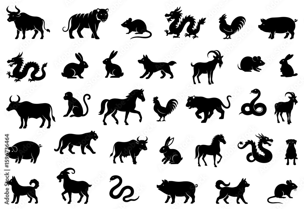 Fototapeta premium Chinese zodiac animal silhouettes including dragon, rat, ox, tiger, rabbit, snake, horse, goat, monkey, rooster, dog, and pig