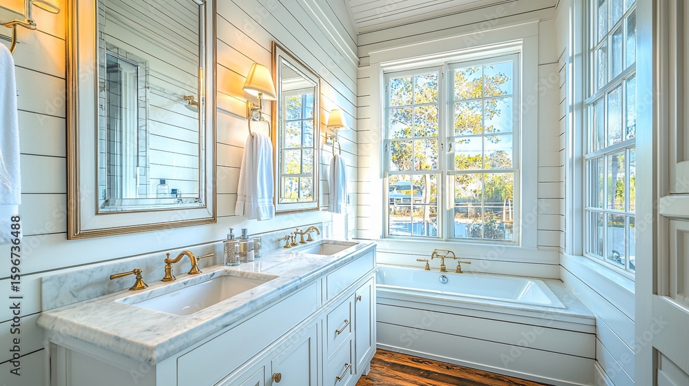Fototapeta premium Bright bathroom with double vanity, marble top, shiplap walls, tub, window