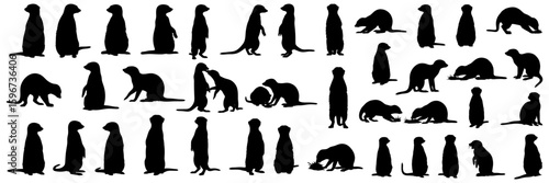 Meerkat silhouettes collection various meerkat poses, standing on hind legs, group meerkats watching, desert animal icons