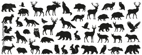 Forest animals silhouettes including bears, deer, foxes, wolves, owls, squirrels, and wild boars. Suitable for woodland themes, nature projects, and wildlife graphics