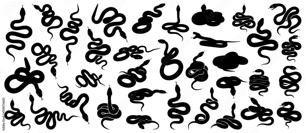 Fototapeta premium Snake silhouette collection with coiled, slithering, and striking poses in various curves and shapes. Useful for reptile wildlife themes, medical symbols