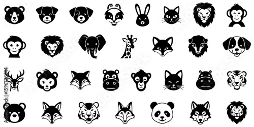 Animal faces silhouettes collection cute animal head icons, zoo and wild animal faces