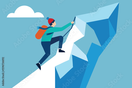 Mountain Climber Vector Illustration: Person Climbing Snowy Peak with Backpack, Winter Adventure, Flat Design Style