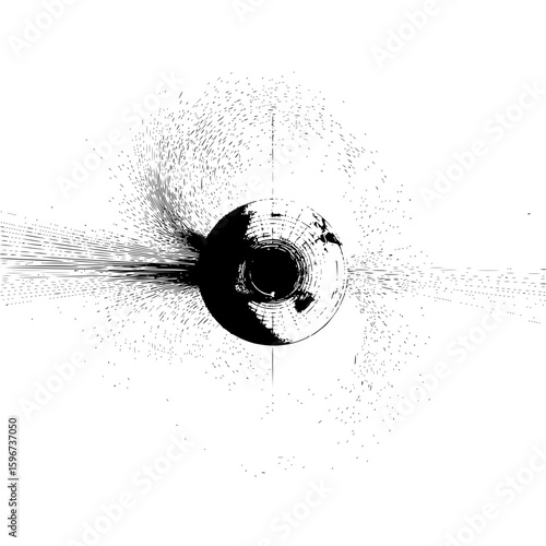 A black and white abstract image featuring a central circular shape with radiating lines and speckles around it