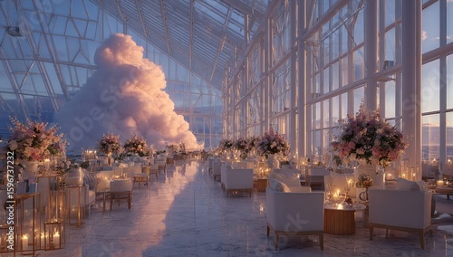 Elegant, light-filled banquet hall with large windows and soft pink clouds.