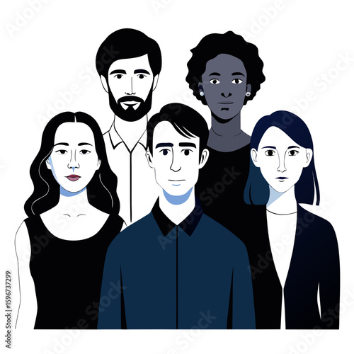 Diverse group of five people in a flat illustration style