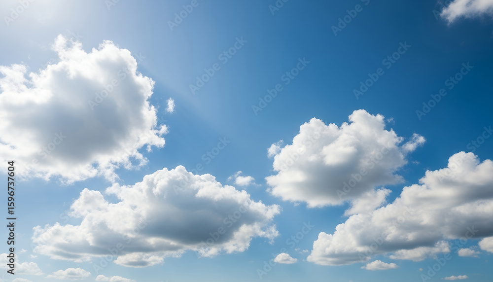 Fototapeta premium Soft cumulus clouds scatter across the open sky, contrasting gently with the rich blue backdrop to evoke feelings of freedom and endless space.