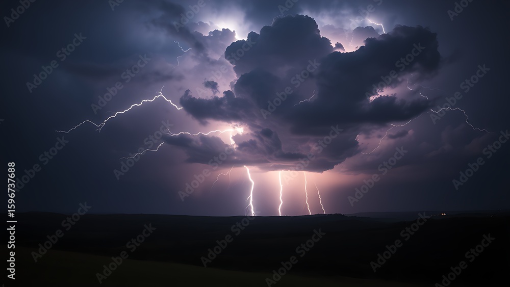 Obraz premium A dramatic lightning storm illuminates a dark landscape, capturing the raw power of nature with glowing cloud details.