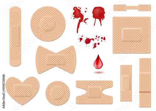 Set of realistic adhesive bandages in various shapes and sizes including heart, circle, square, bowtie, and strip designs, accompanied by blood splatters and a red blood drop. Medical first aid theme