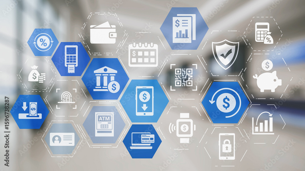 Naklejka premium Online banking and digital banking innovation combining finance and technology, optimizing online banking systems, mobile banking services, and fintech for seamless experience. Spire