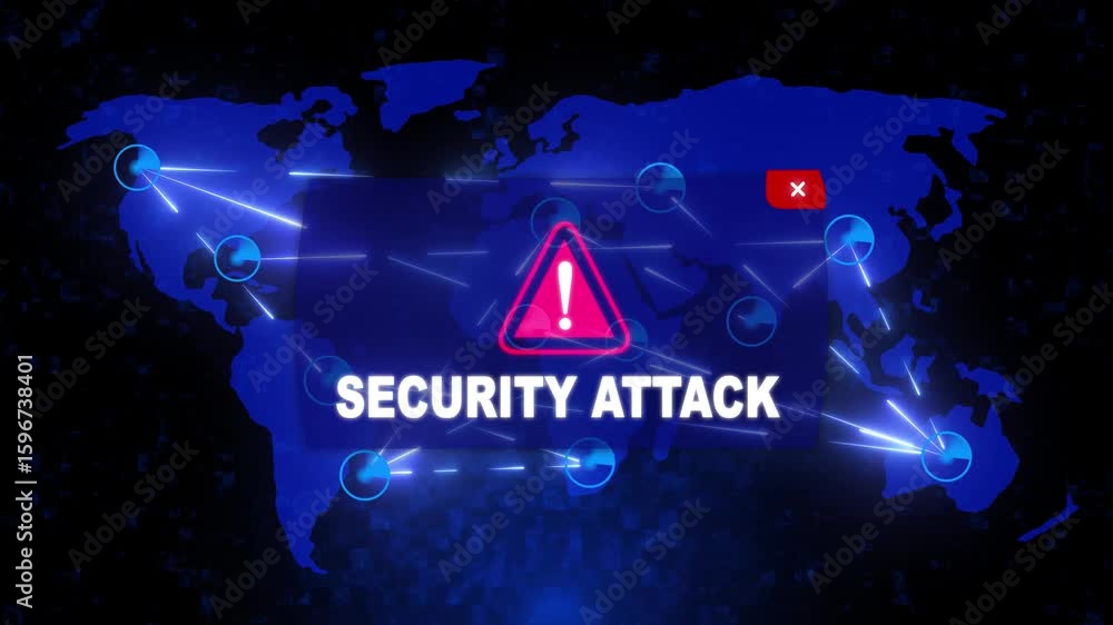 Security Attack Alert Warning Message Attack on World map. Wire frame ...
