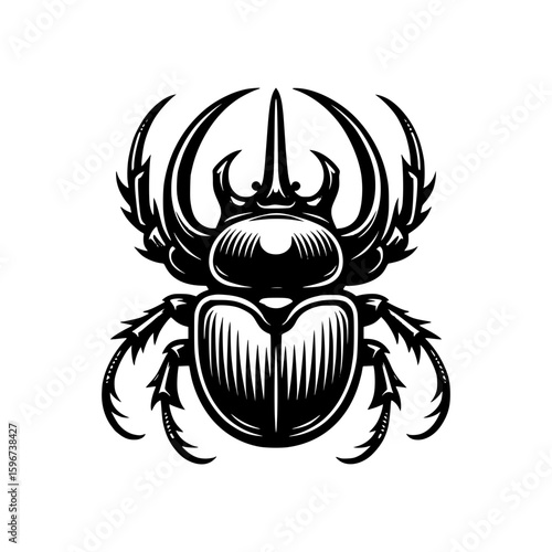 A detailed illustration of a scarab beetle in black and white, showcasing intricate patterns and unique horn-like structures. The image emphasizes the insect's shell and appendages