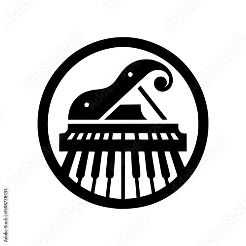 A stylized illustration of a grand piano within a circular frame. The piano's keys and open lid are clearly defined, with the black and white tones offering a stark contrast.