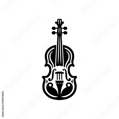 A black and white illustration of a violin with intricate details, evoking a sense of elegance and musical artistry