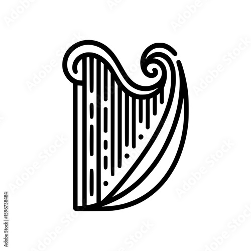 An elegant black and white illustration of a harp. The intricate lines create a sense of rhythm and harmony