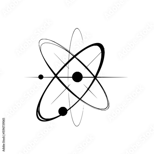 Illustration of an atom with three electrons orbiting a nucleus on a white background in sketch style