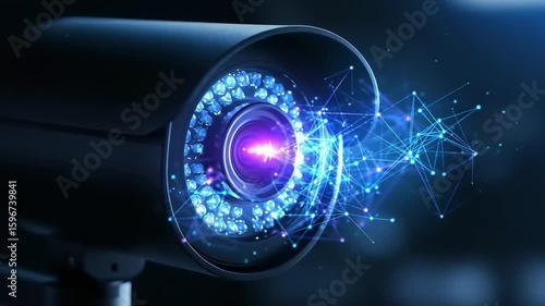 Dark surveillance camera records digital data Blue light streams from the lens symbolizing security and modern technology
