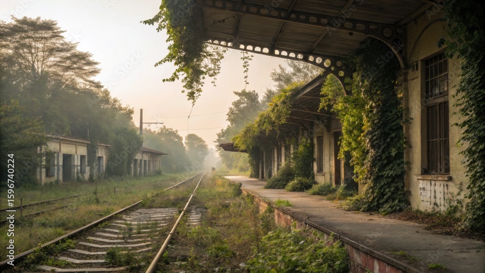 Fototapeta premium Overgrown railway station with tracks disappearing into the distance on a misty morning