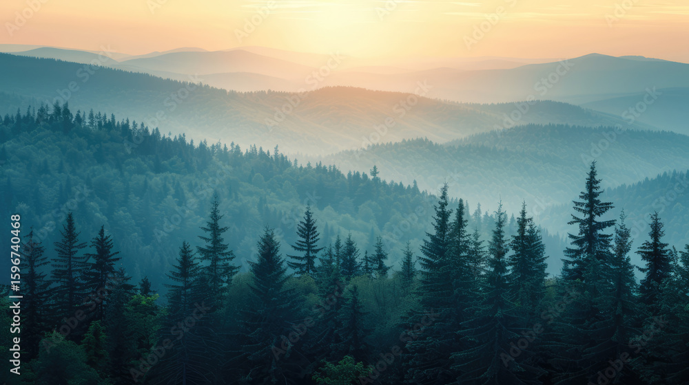 Naklejka premium Scenic mountain range landscape with layers of forested hills disappearing into the hazy sunrise sky.