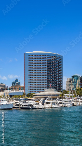 USA, California, San Diego Bay marina and Seaport Village in downtown near Gaslamp Quarter.