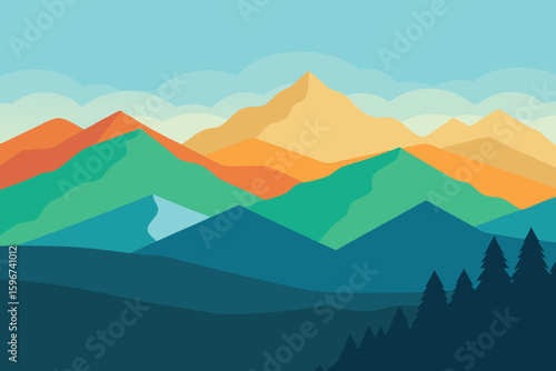 Vector Landscape: Colorful Mountain Range Illustration, Minimalist Style, Nature Scenery, Outdoor Adventure, Scenic Vista