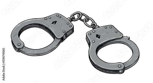 Realistic handcuffs in detailed black and white drawing with open locks
