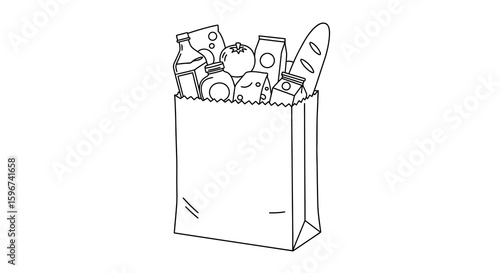 Grocery bag with variety of food items in linear style