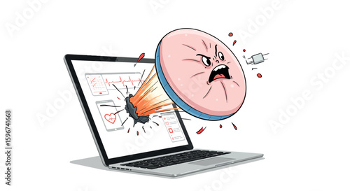Angry virus icon cartoon breaking through laptop screen with heartbeat data